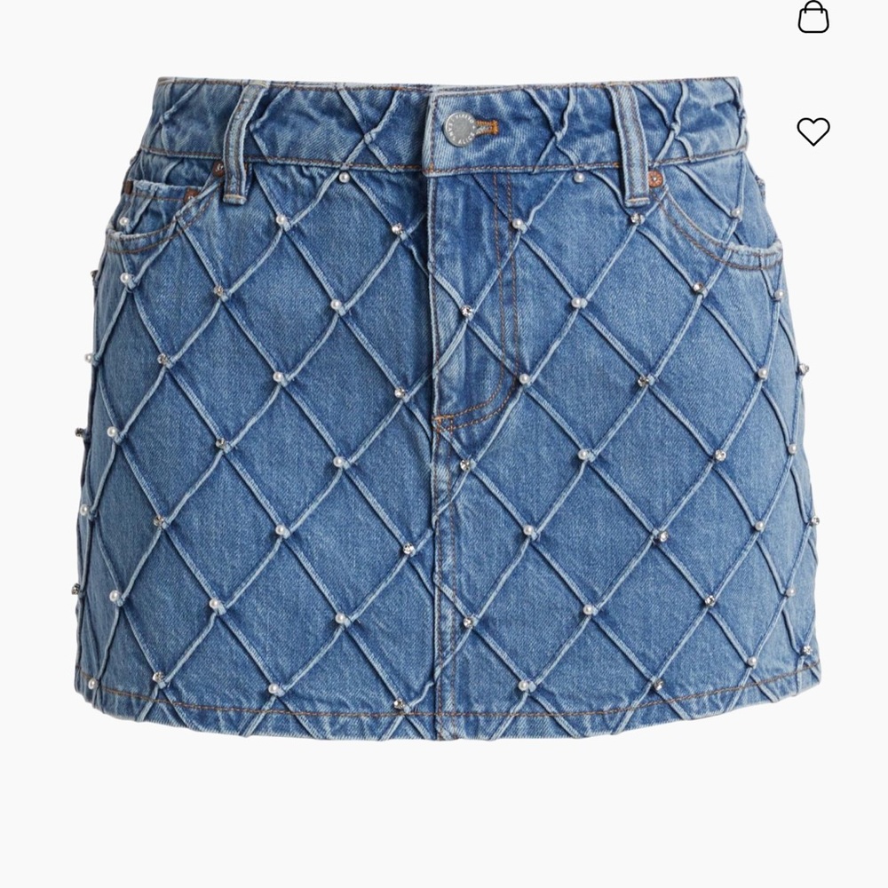 Alice + Olivia Blue Denim Skirt with Pearl Accents